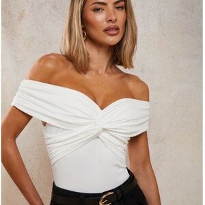 White Off Shoulder Bodysuit Ruched Sleeveless Slim Stretchy